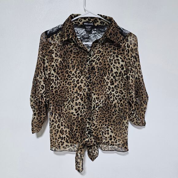 Wet Seal Chiffon Top Women's Small Leopard Print Sheer Lace Tie Front Vintage - Picture 1 of 5